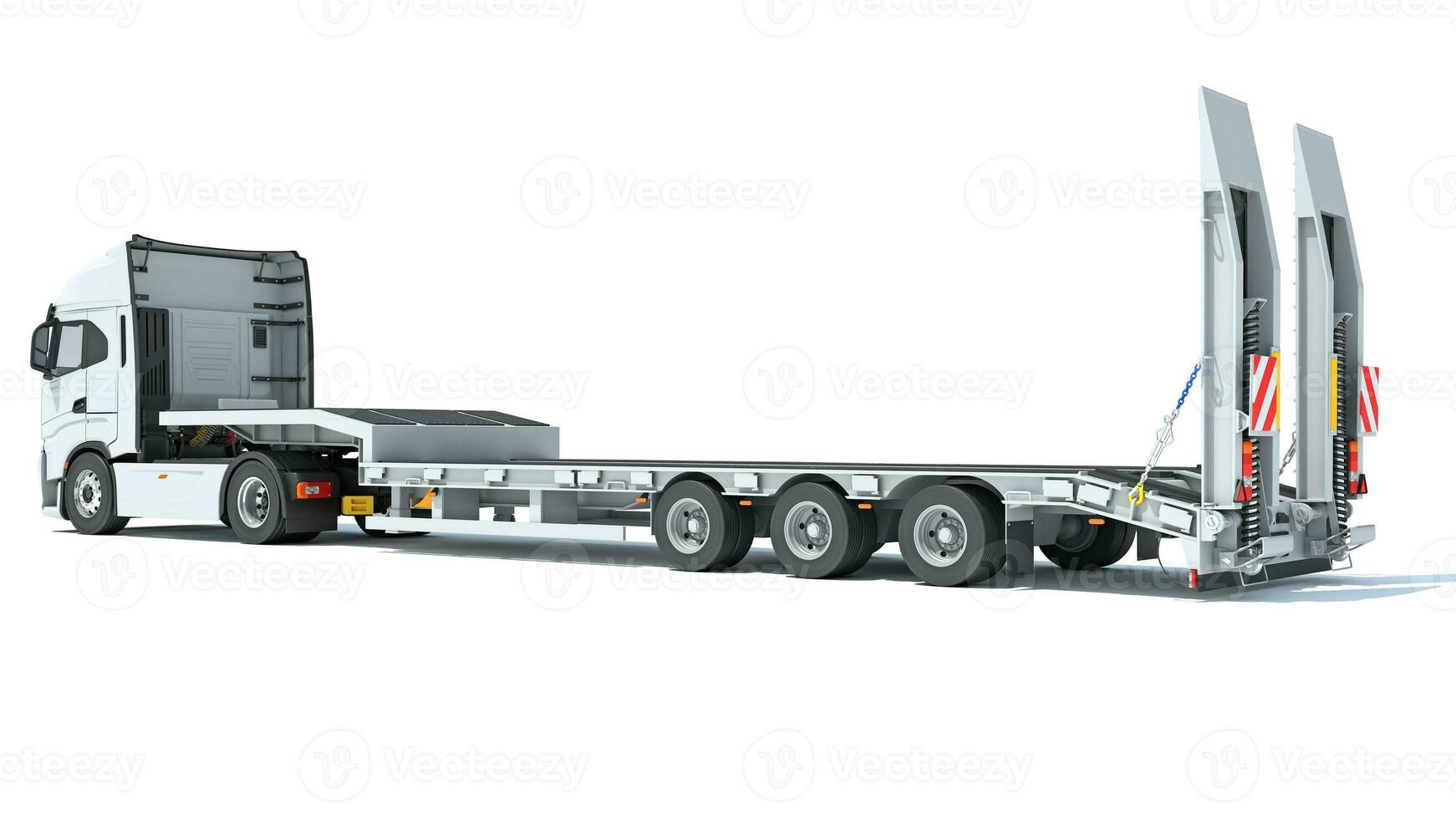 Semi Truck with Lowboy Platform Trailer 3D rendering on white background photo