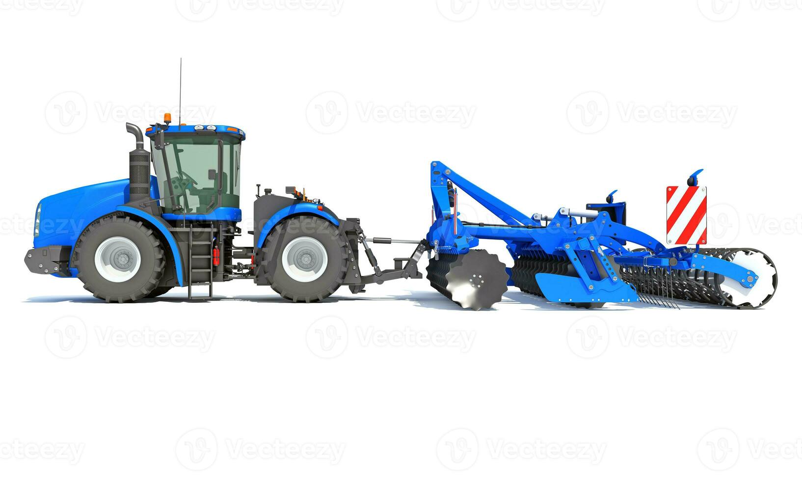 Tractor with Seed Drill farm equipment disc harrow 3D rendering on white background photo