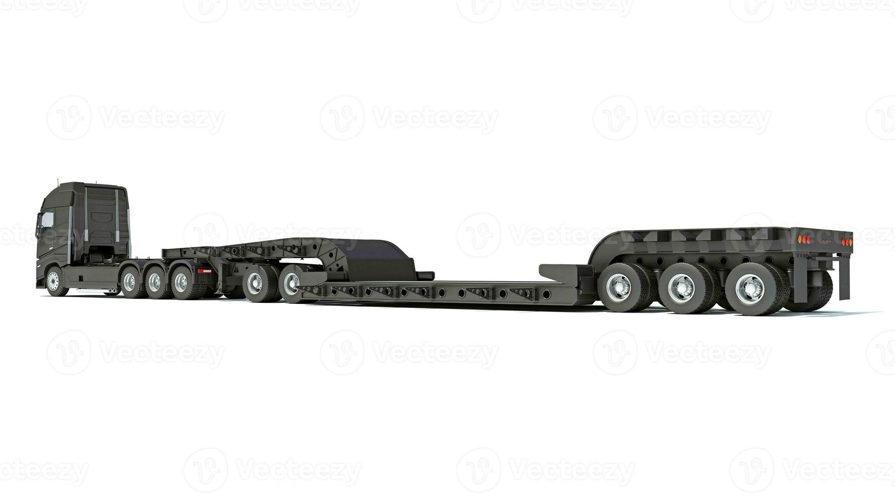 Semi Truck with Lowboy Platform Trailer 3D rendering on white background photo