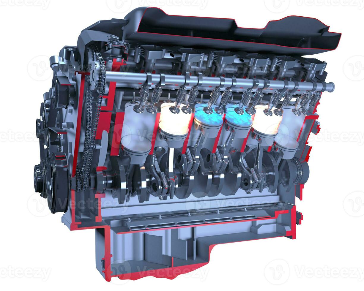 Cutaway V12 Engine pistons and crankshaft Ignition on black background 3D rendering photo