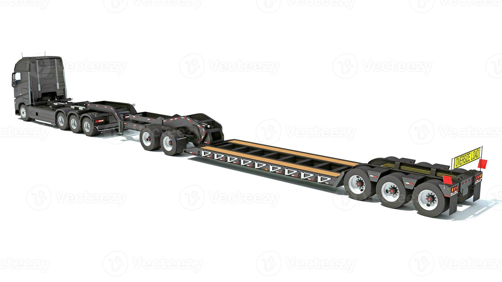 Semi Truck with Lowboy Platform Trailer 3D rendering on white background photo