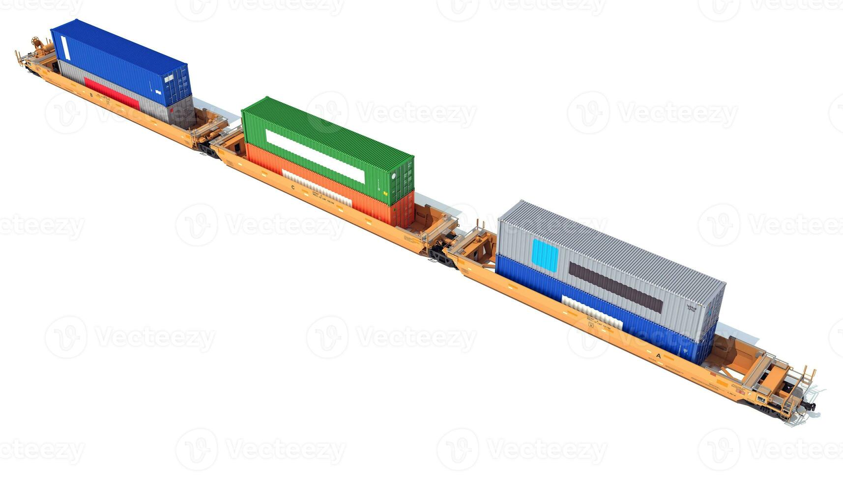 Double Stack train Cars with Containers 3D rendering on white background photo