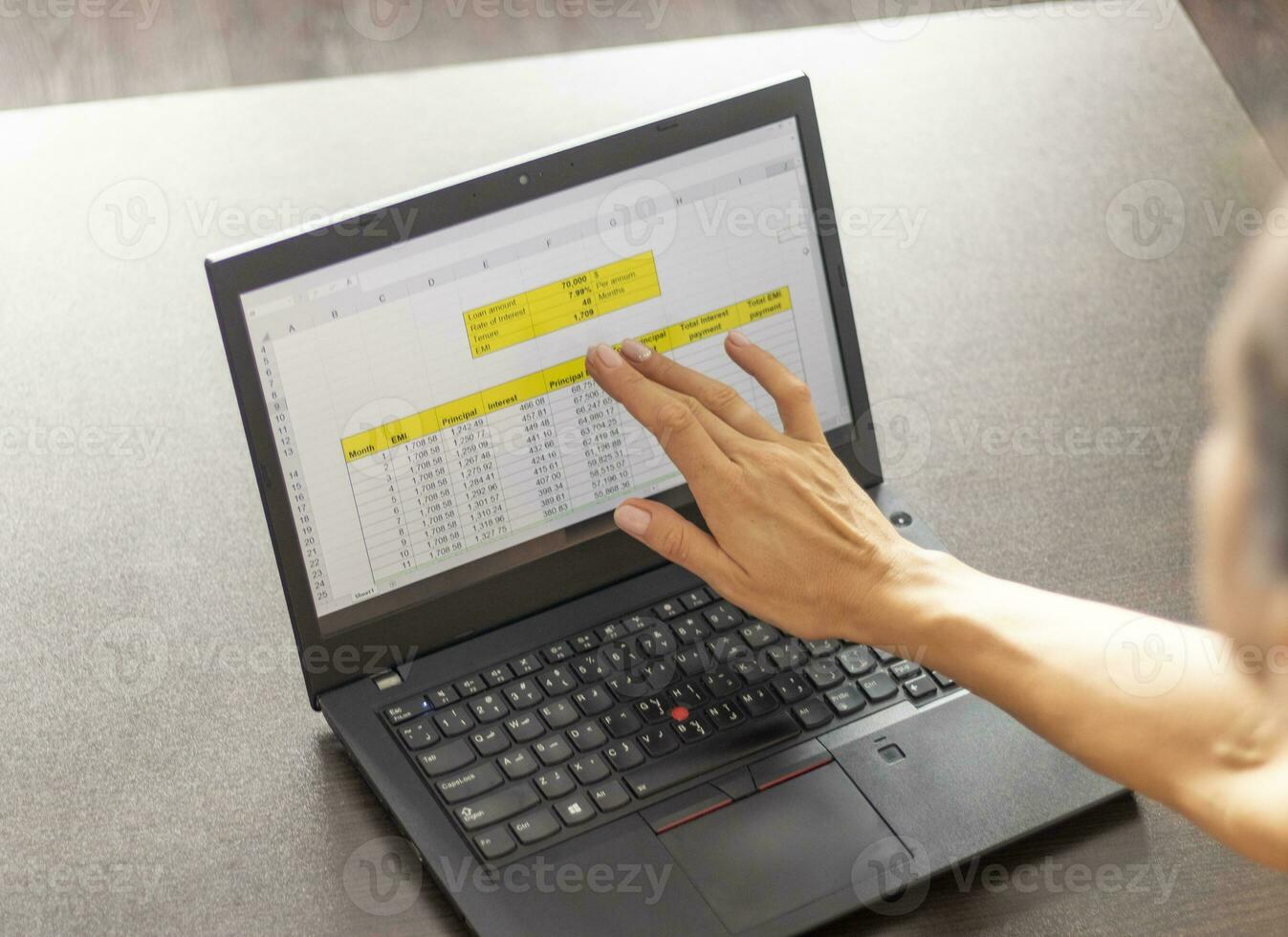 Shot of a woman working on the laptop showing an excel sheet on the screen with bank loan amortization table. Accounting photo