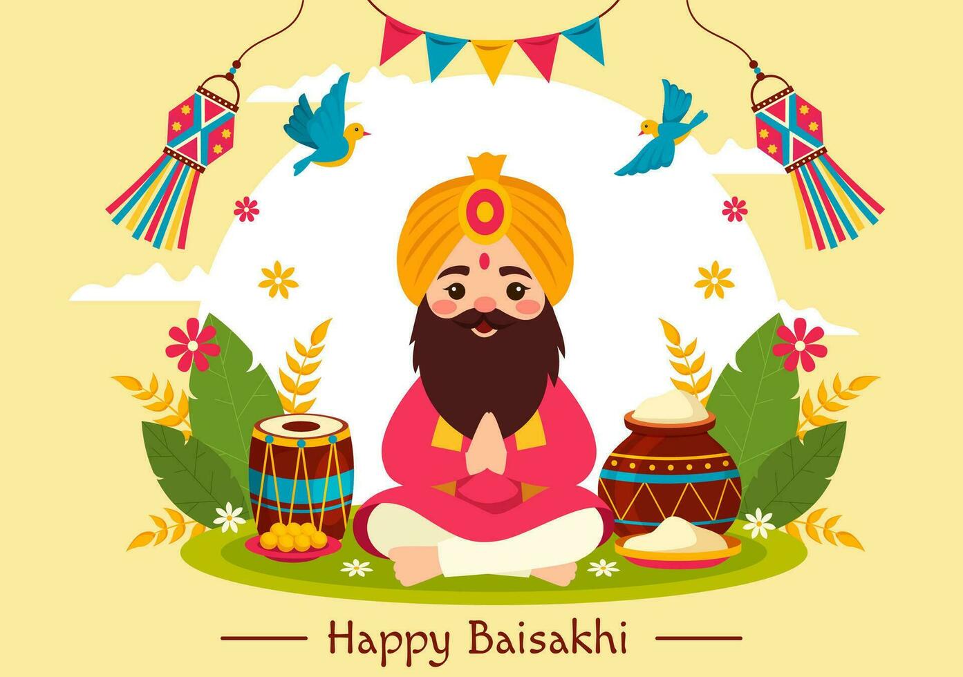 Happy Baisakhi Vector Illustration of Vaisakhi Punjabi Spring Harvest Festival of Sikh Celebration with Drum and Kite in Holiday Cartoon Background