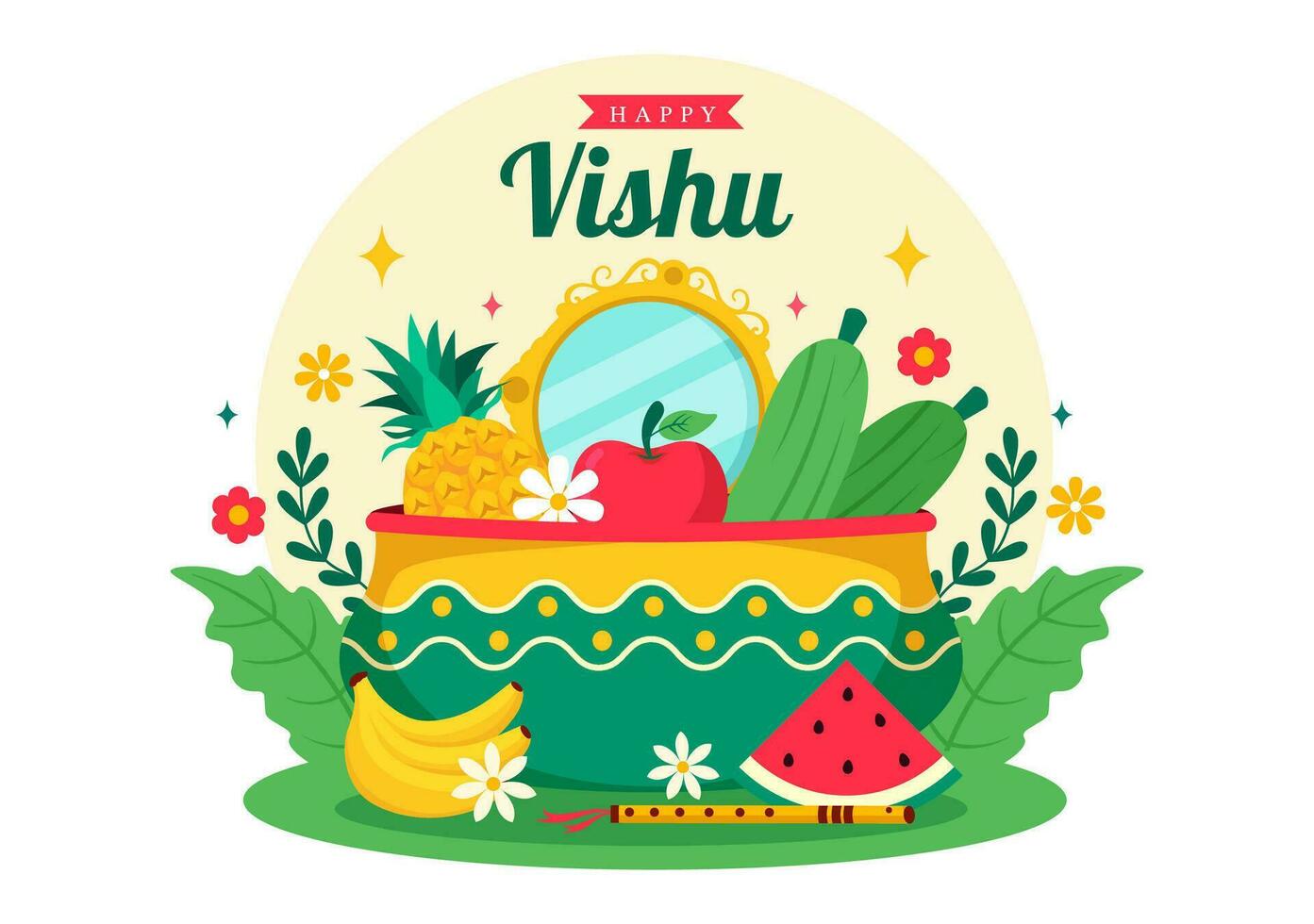 Happy Vishu Festival Vector Illustration with Krishna,Traditional Kerala Kani, Fruits and Vegetables in National Holiday Flat Cartoon Background