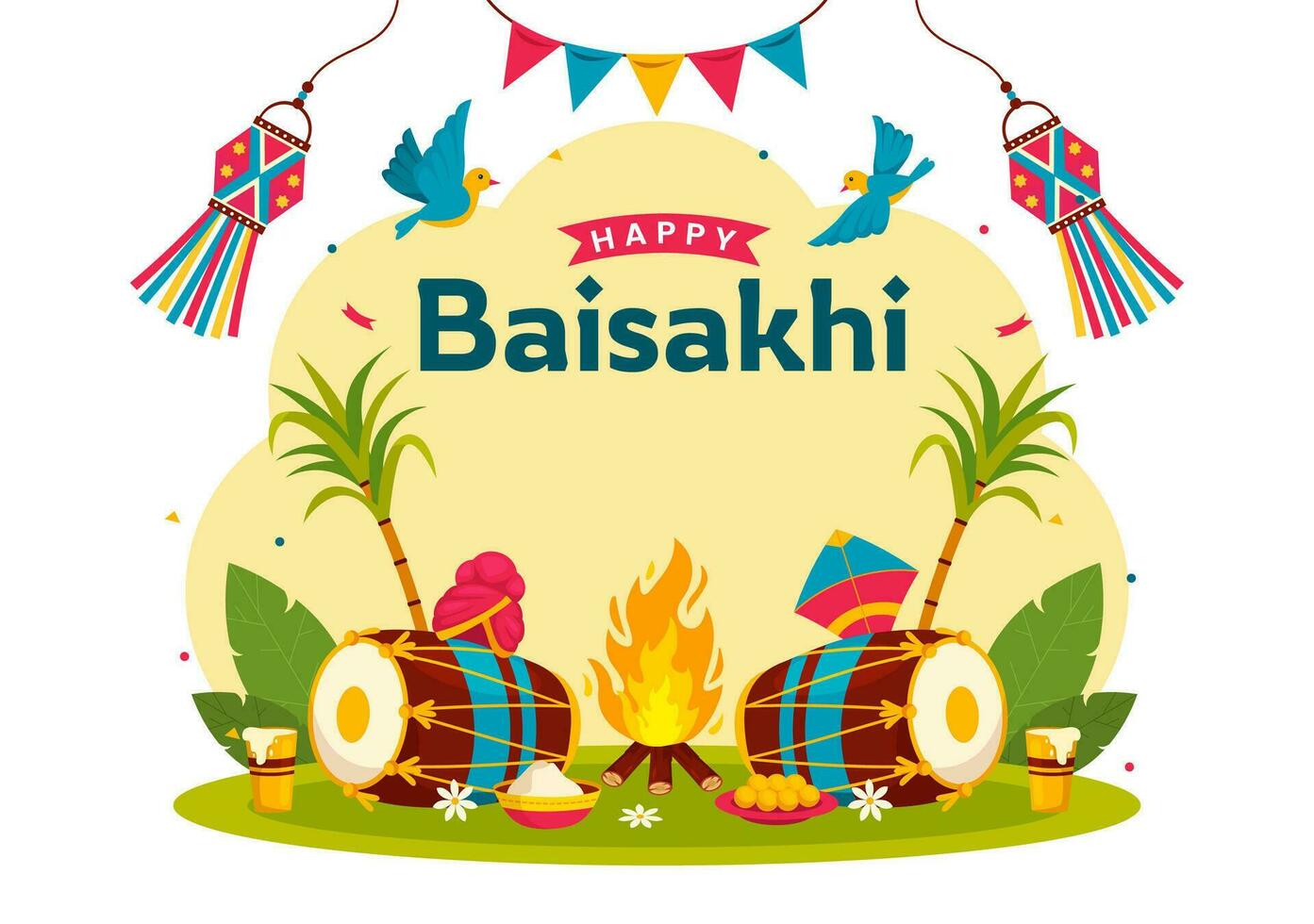 Happy Baisakhi Vector Illustration of Vaisakhi Punjabi Spring Harvest Festival of Sikh Celebration with Drum and Kite in Holiday Cartoon Background