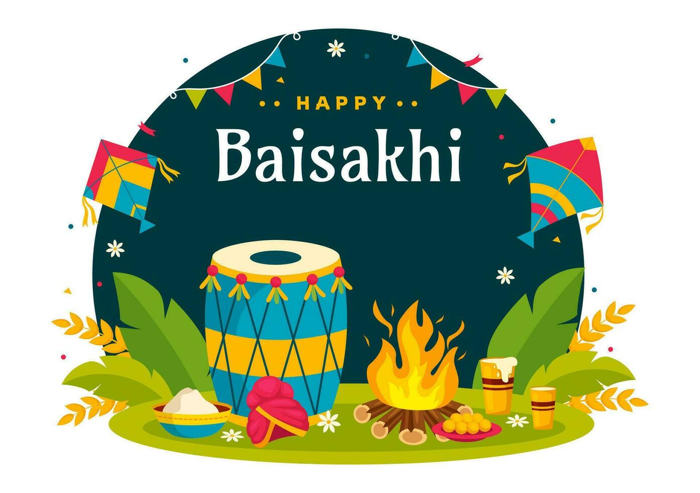 Happy Baisakhi Vector Illustration of Vaisakhi Punjabi Spring Harvest Festival of Sikh Celebration with Drum and Kite in Holiday Cartoon Background