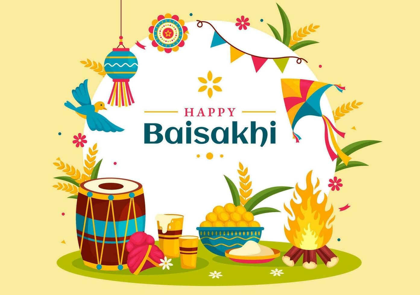 Happy Baisakhi Vector Illustration of Vaisakhi Punjabi Spring Harvest Festival of Sikh Celebration with Drum and Kite in Holiday Cartoon Background