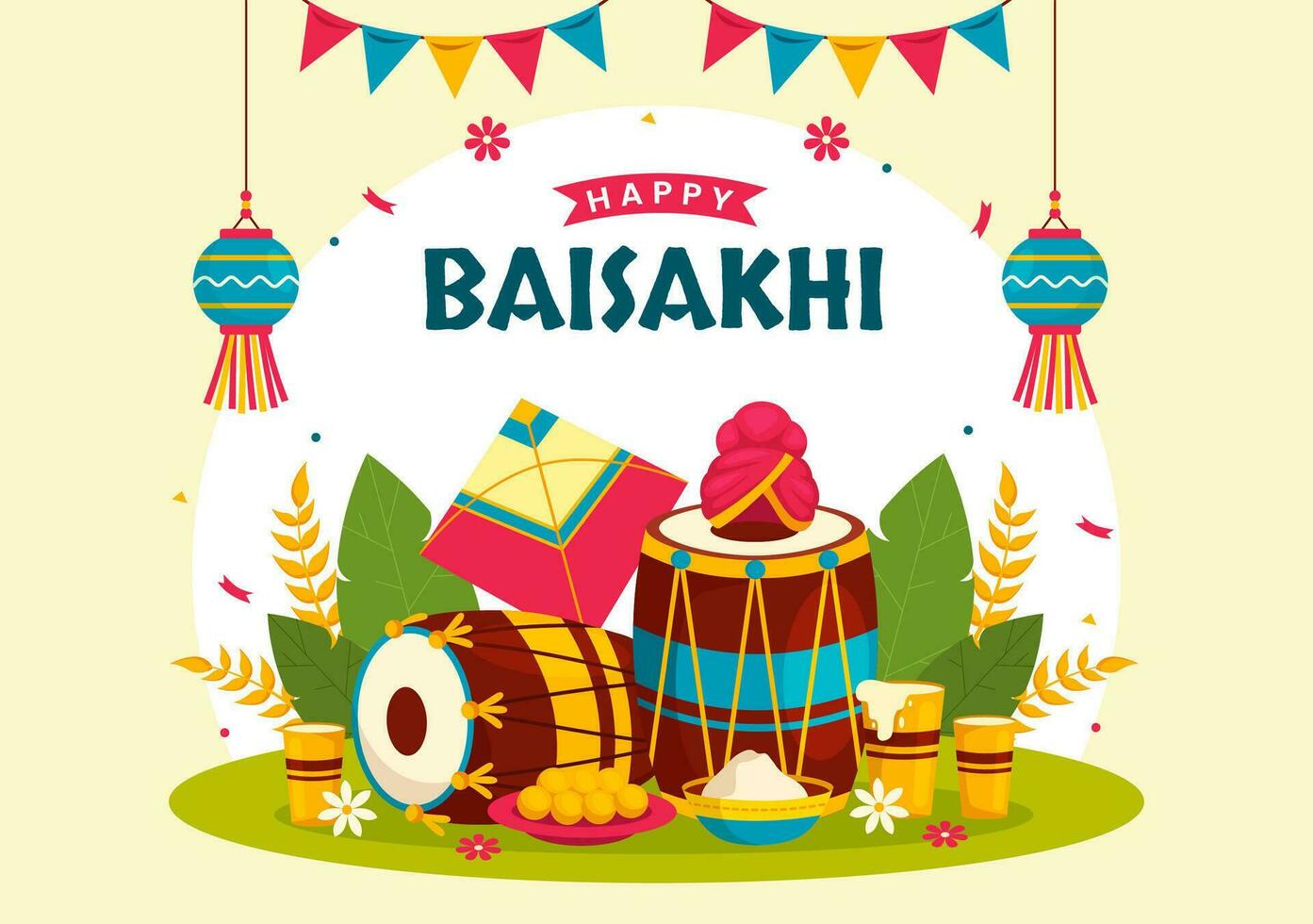 Happy Baisakhi Vector Illustration of Vaisakhi Punjabi Spring Harvest Festival of Sikh Celebration with Drum and Kite in Holiday Cartoon Background
