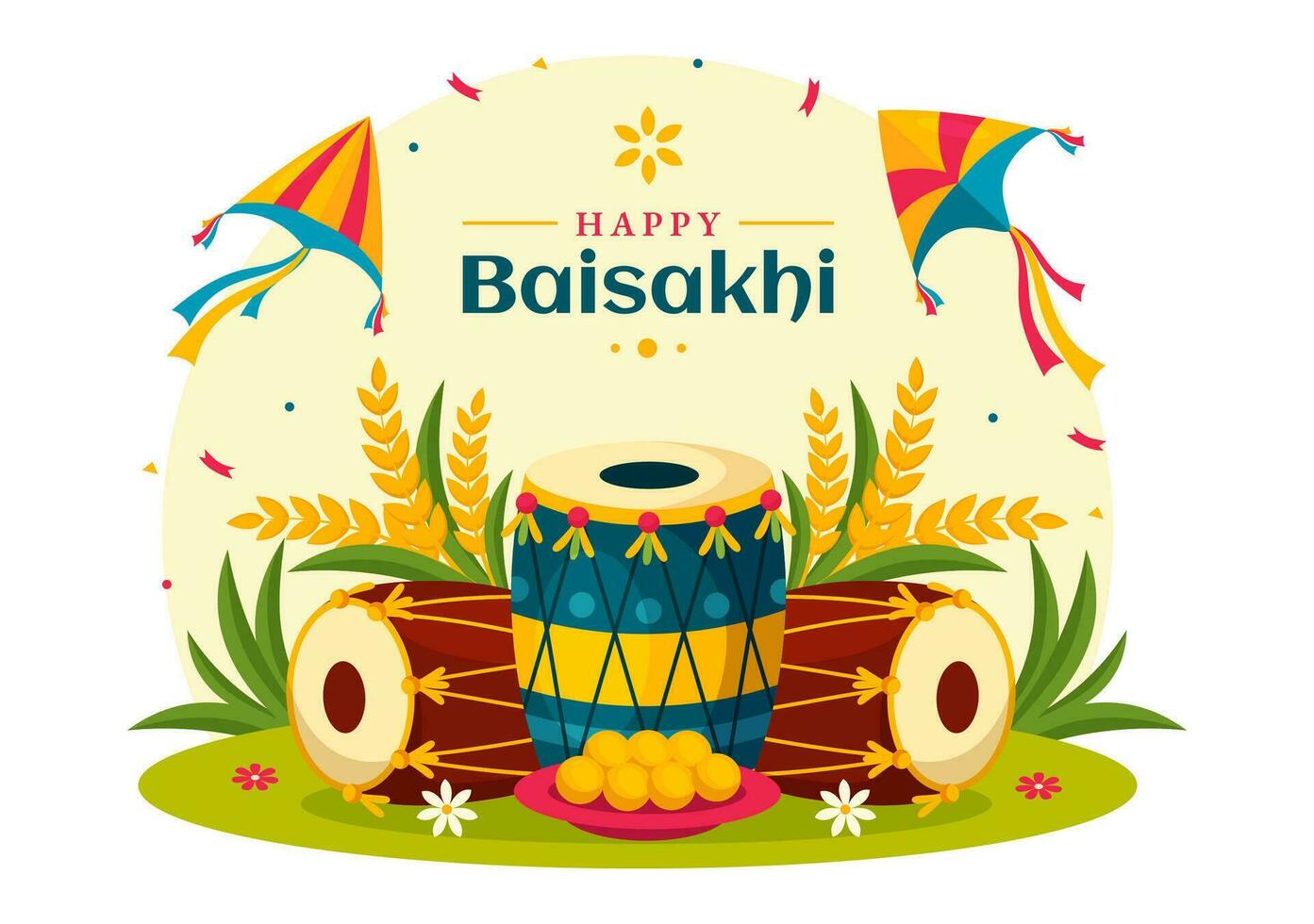 Happy Baisakhi Vector Illustration of Vaisakhi Punjabi Spring Harvest Festival of Sikh Celebration with Drum and Kite in Holiday Cartoon Background