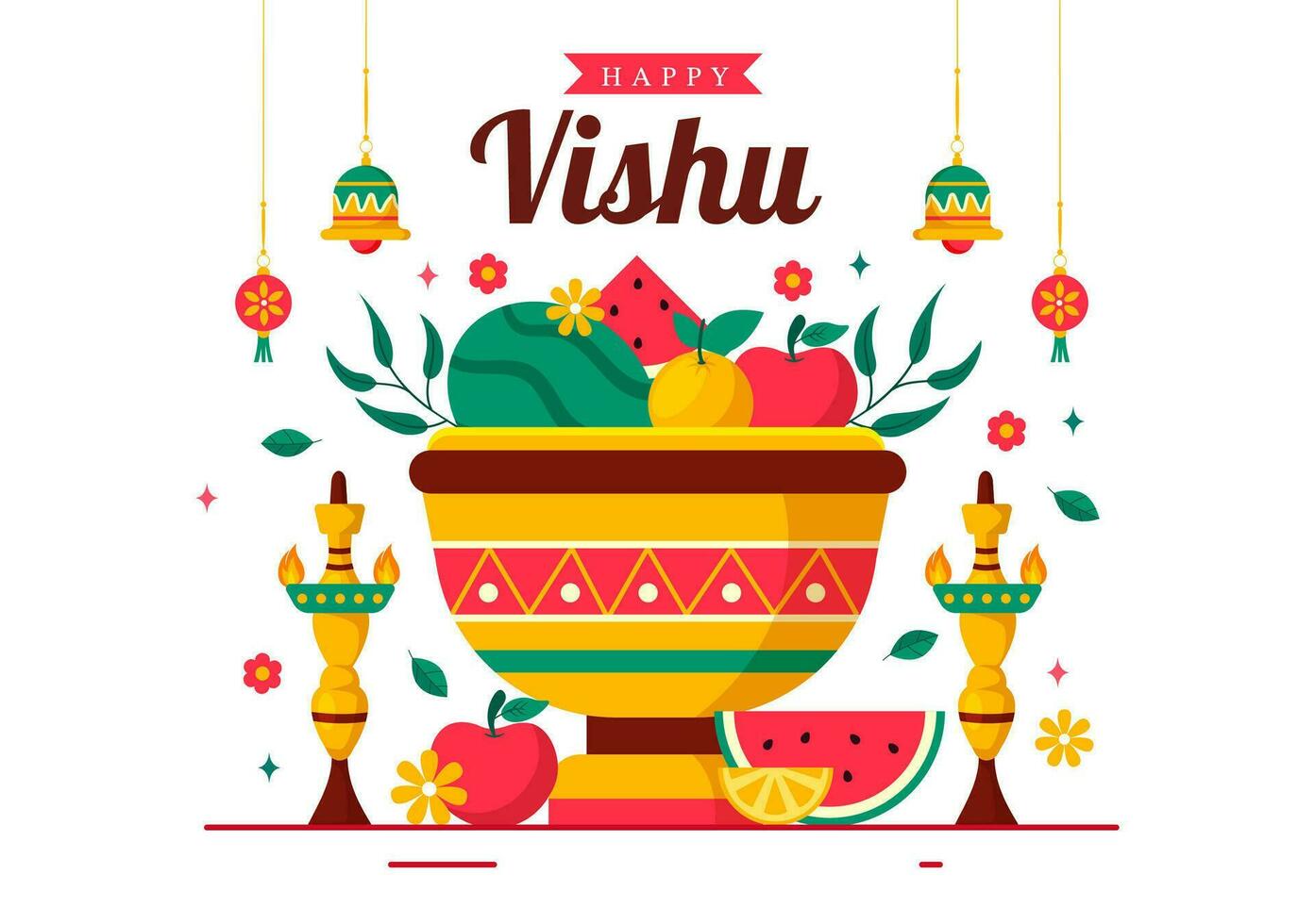 Happy Vishu Festival Vector Illustration with Krishna,Traditional Kerala Kani, Fruits and Vegetables in National Holiday Flat Cartoon Background