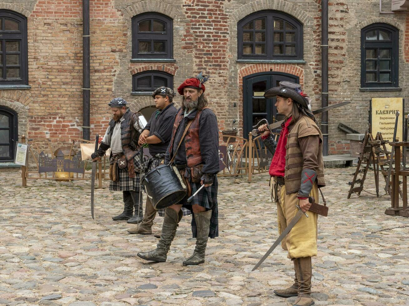 Mir, Belarus - 10.03.2023 -Shot of the the street performers at Mir castle complex. Landmark photo