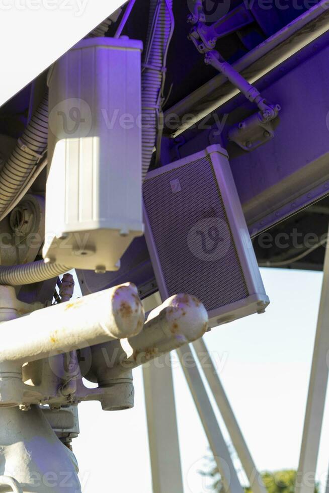 Close up shot of the chassis of the civil plane. Aviation photo