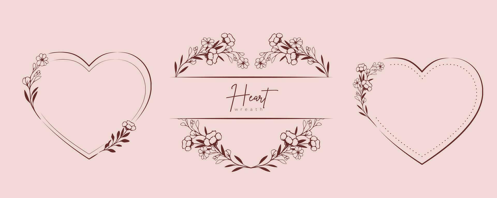 Hand drawn floral wreath with heart and leaves. Flower botanical frame for monogram, wedding logo, invitation, postcard, and more. Vintage ornament vector illustration isolated on white background.