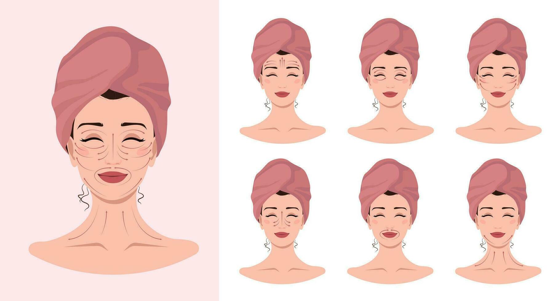 Set of women facial massage lines. Anti-aging, lifting sculpt, lymphatic drainage methodes. Line scheme for Glowing and Slimmer Skin for beauty cosmetic, make-up purposes. vector