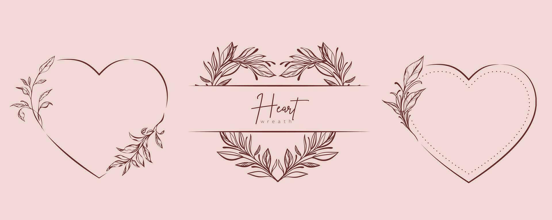 Hand drawn floral wreath with heart and leaves. Flower botanical frame for monogram, wedding logo, invitation, postcard, and more. Vintage ornament vector illustration isolated on white background.