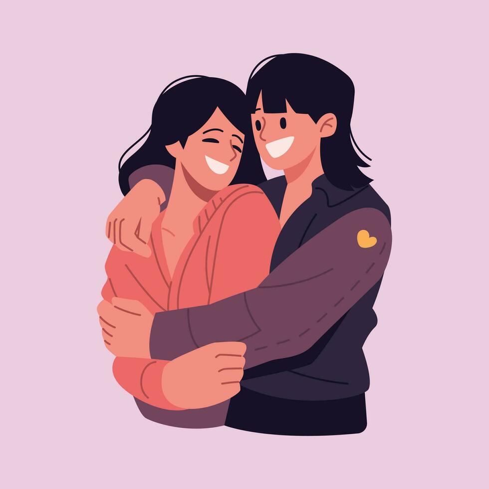 lesbiana Pareja abrazo desde detrás homosexual San Valentín día plano vector ilustración