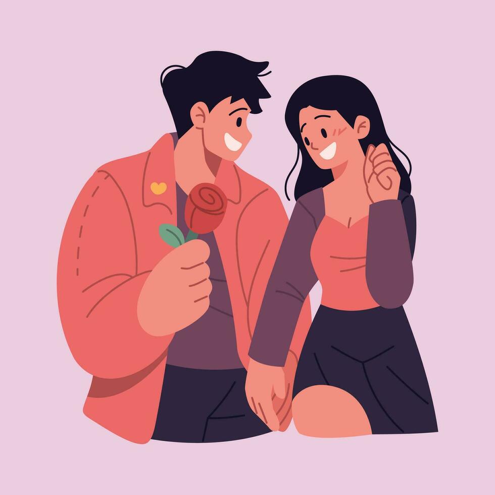 Pareja en amar, hombre dando un Rosa a su Novia San Valentín día plano vector ilustración