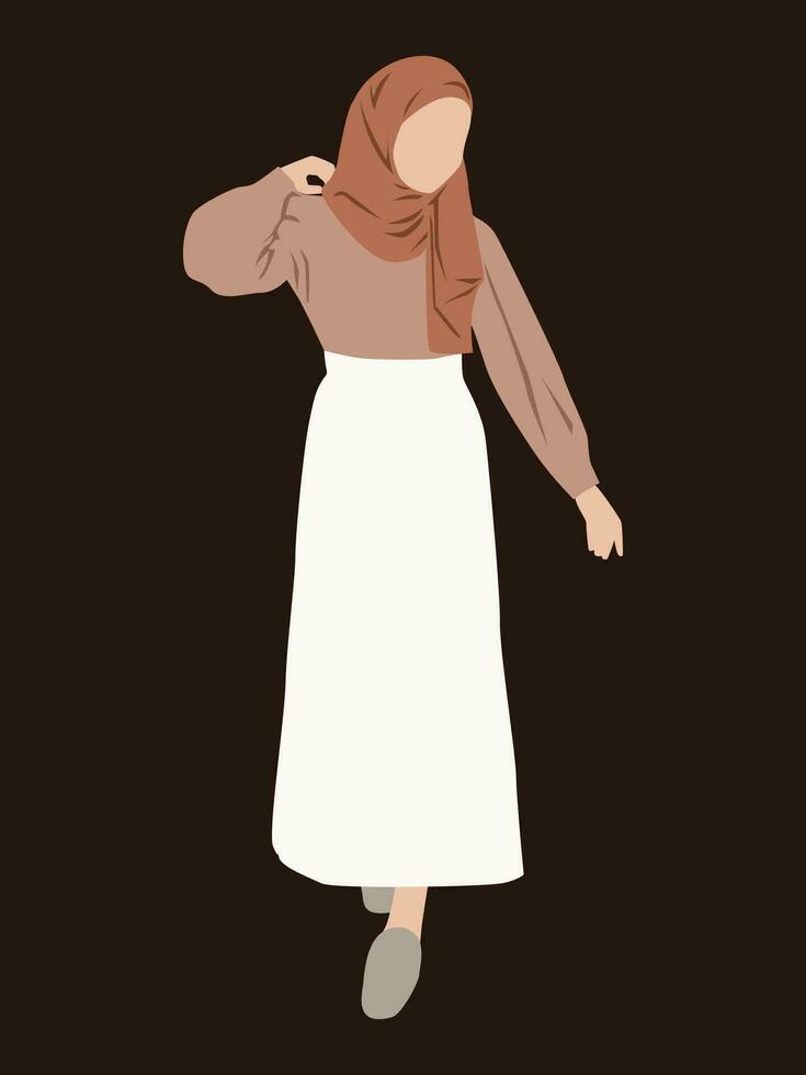 Muslim woman in brown hijab and white long skirts vector