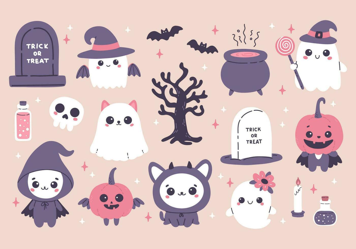 Happy Halloween cute set, pumpkin head, skeleton, ghost, bat and more vector