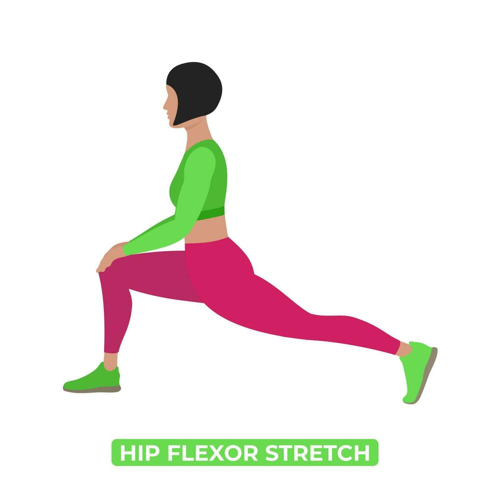 Vector Woman Doing Hip Flexor Stretch. An Educational Illustration On A White Background.