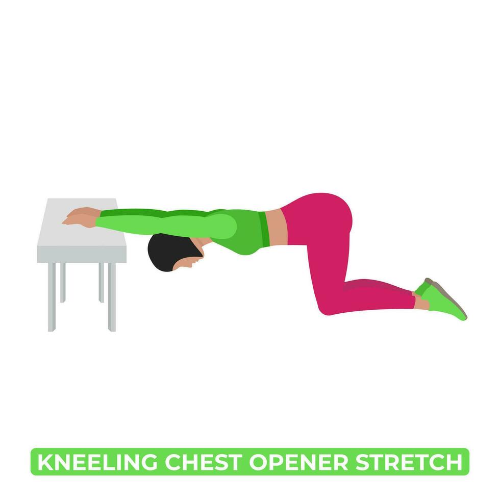 Vector Woman Doing Kneeling Chest Opener Stretch. Thoracic Extension. Lats Stretch. An Educational Illustration On A White Background.