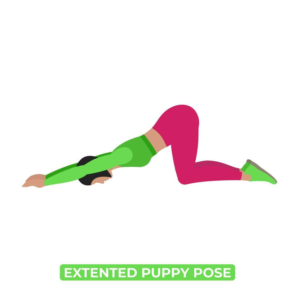 Vector Woman Doing Extented Puppy Pose. Uttana Shishosana. Lats Stretch. An Educational Illustration On A White Background.