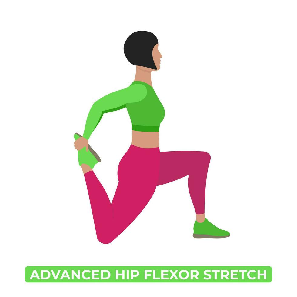 Vector Woman Doing Advanced Hip Flexor Stretch. An Educational Illustration On A White Background.