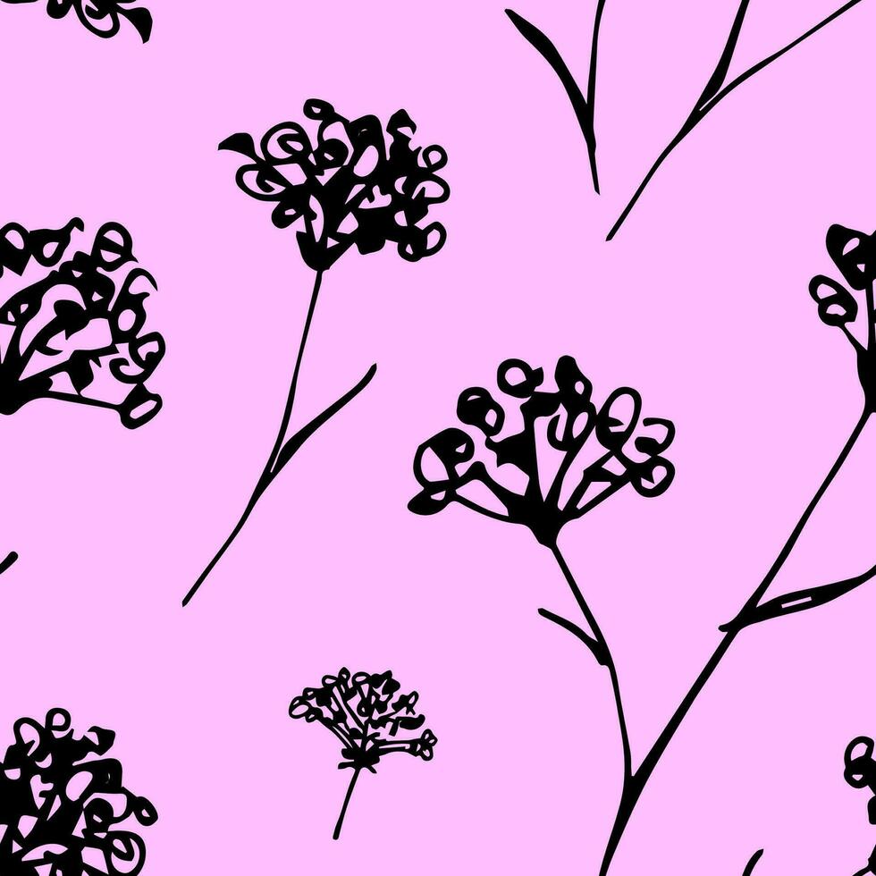 Simple hand-drawn vector seamless floral pattern. Doodle wildflowers black outline on a bright pink background. For fabric design, wallpaper, bedding, clothes.