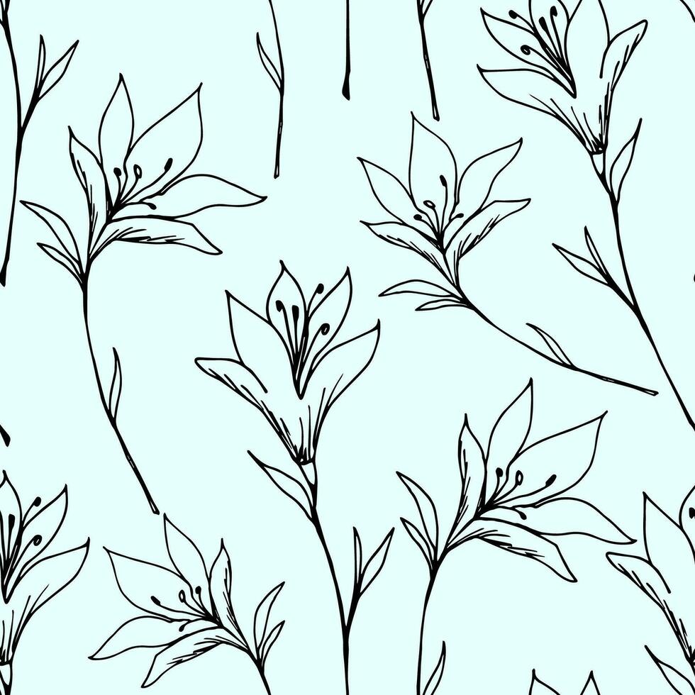 Simple gentle hand-drawn vector seamless floral pattern. Doodle flowers lilies, snowdrops black outline on a light blue background. For fabric design, wallpaper, bedding, clothes.