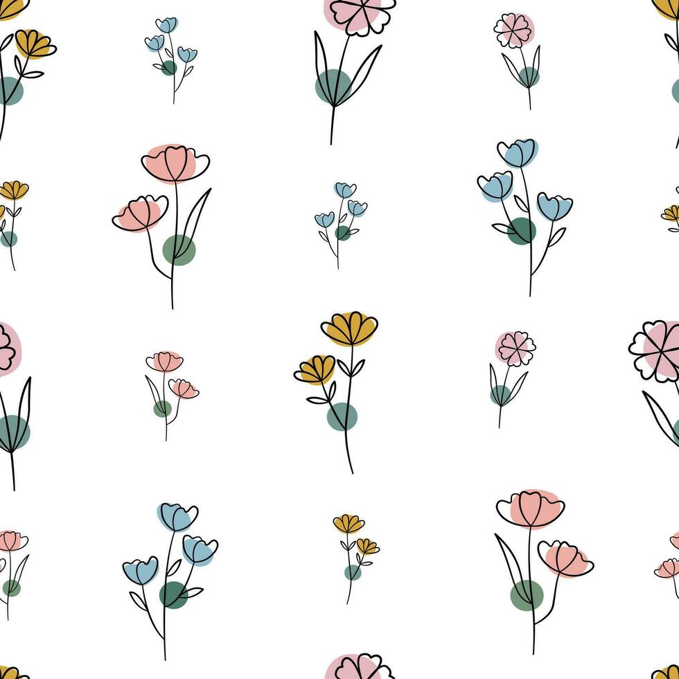 Seamless pattern flowers on white background Hand drawn design in cartoon style Used for textiles, fashion prints, wallpapers, vector illustrations