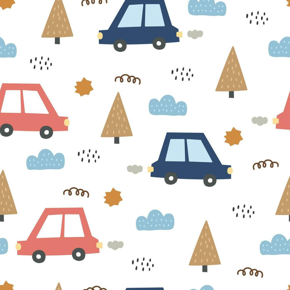 Cute cartoon seamless pattern with cars and trees Used for newborn clothes, decorations, fabrics, textiles. vector