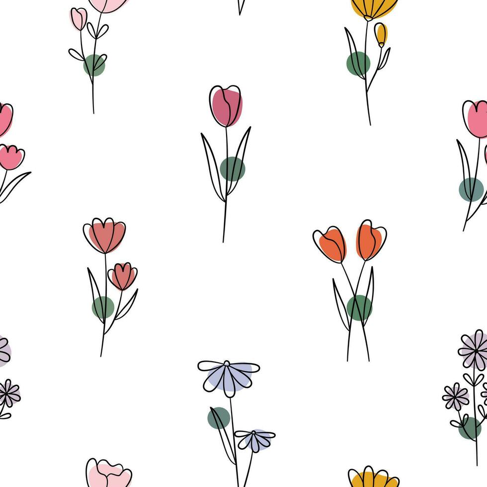 Seamless pattern flowers on white background Hand drawn design in cartoon style Used for textiles, fashion prints, wallpapers, vector illustrations