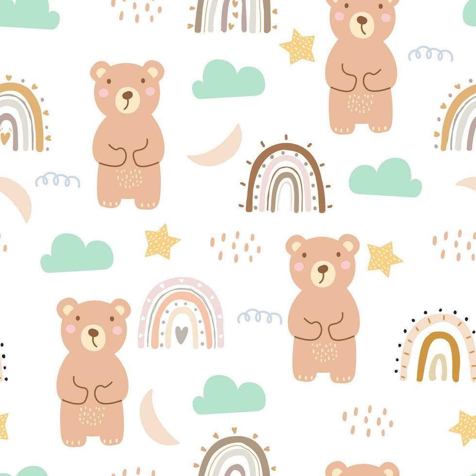 Nursery seamless patterns with cute characters. Bear and rainbow in cartoon style Designs for newborn apparel, textiles and wallpaper vector