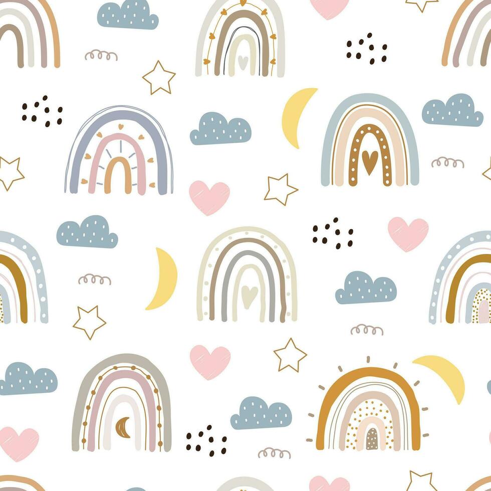 Nursery seamless pattern with cute characters. Rainbow with hearts, hand drawn in cartoon style. design for Newborn apparel, textiles and wallpaper vector