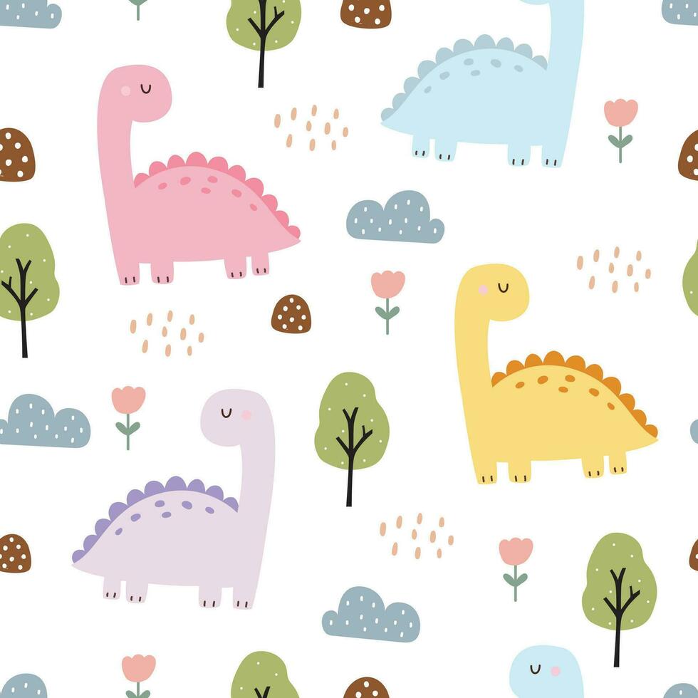 guardería sin costura modelo dinosaurio con el árbol. dibujado a mano diseño en dibujos animados estilo diseño para recién nacido vestir, textiles, y fondo de pantalla vector