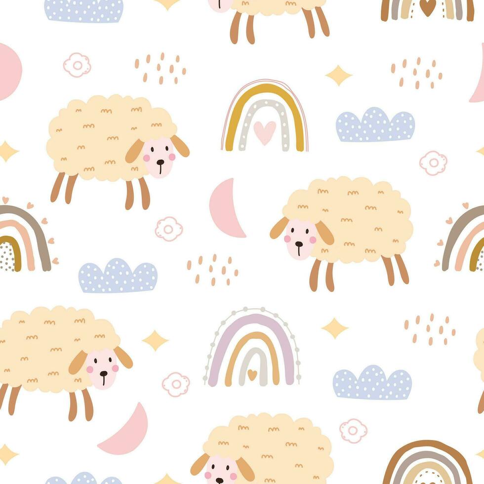 Nursery seamless patterns with cute characters. sheep with a rainbow in cartoon style Designs for newborn wear, textiles and wallpaper vector