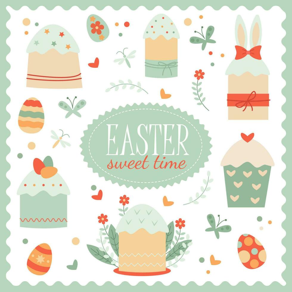 vector bonito conjunto con Pascua de Resurrección dulces y decoración con flores, huevos y mariposas