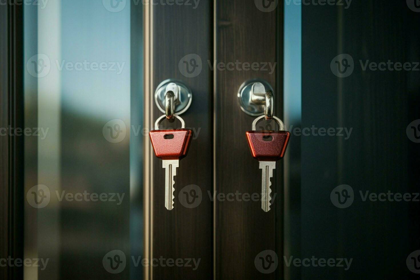 AI generated New homeownership concept House doors with keys for buying photo