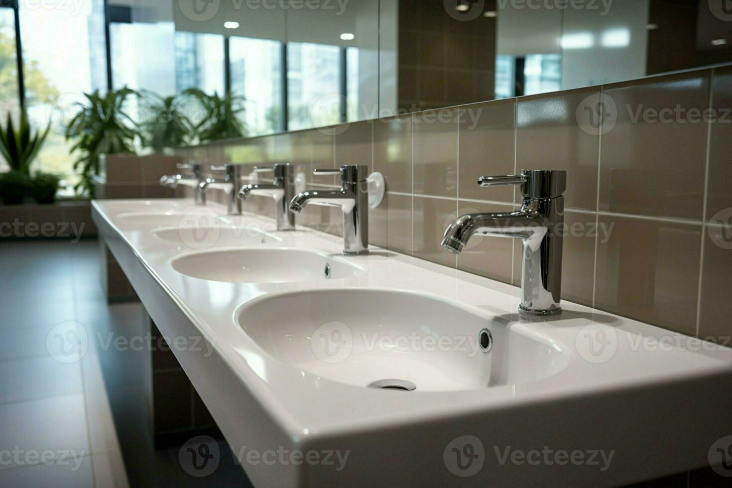 AI generated Row of white ceramic wash sinks and mirrors in modern restroom photo