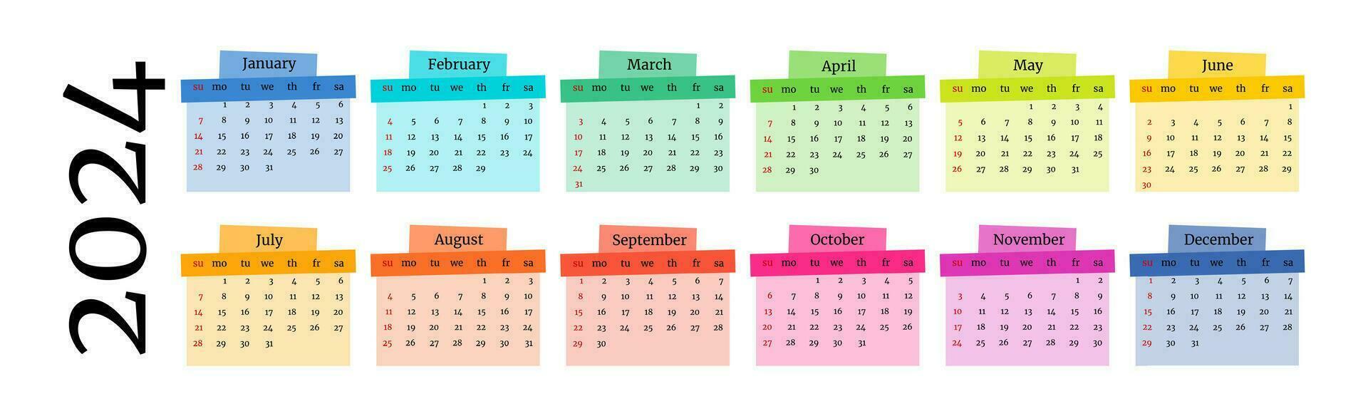 Horizontal calendar for 2024 isolated on a white background. Sunday to Monday, business template. Vector illustration