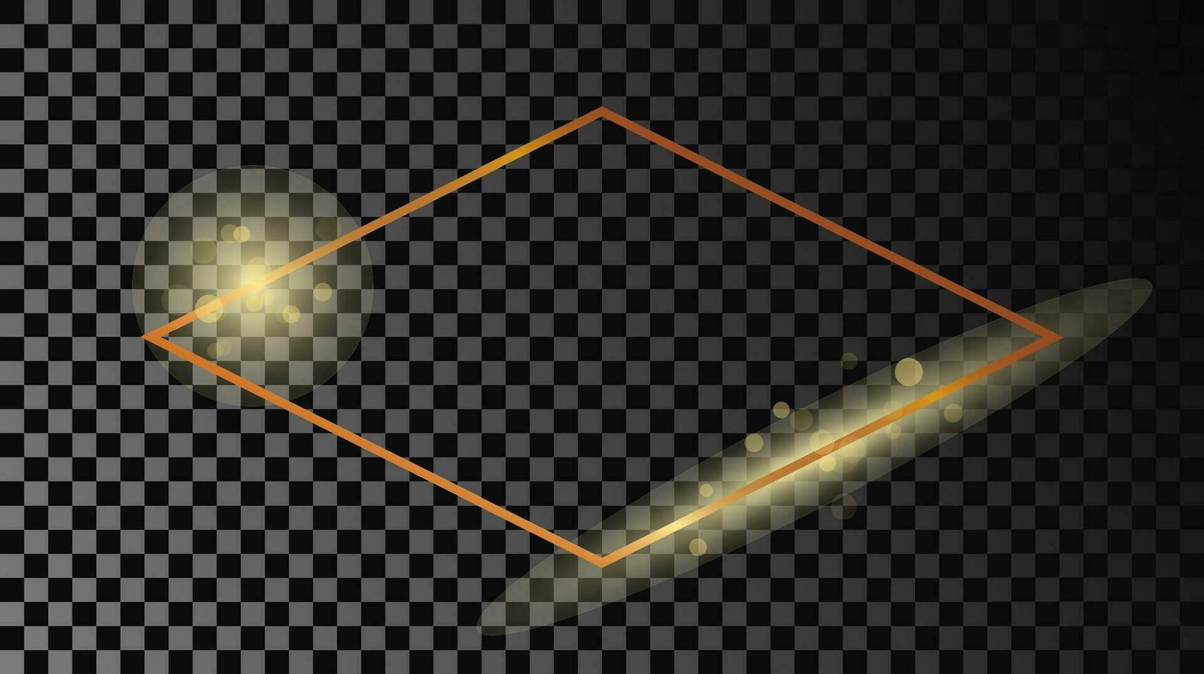 Gold glowing rhombus  shape frame isolated on dark background. Shiny frame with glowing effects. Vector illustration.