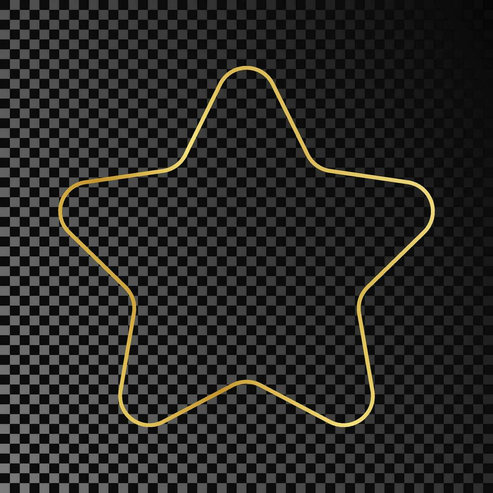 Gold glowing rounded star shape frame isolated on dark background. Shiny frame with glowing effects. Vector illustration.