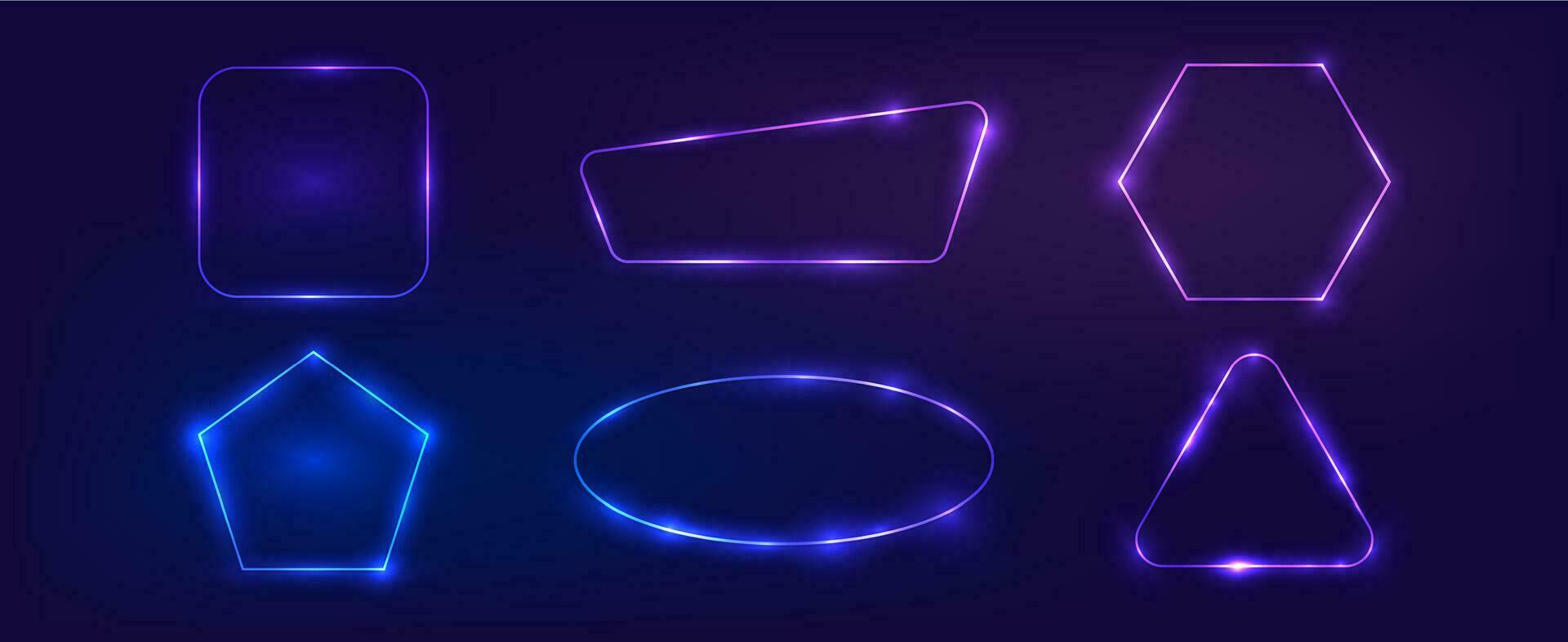 Set of six neon frames with shining effects vector
