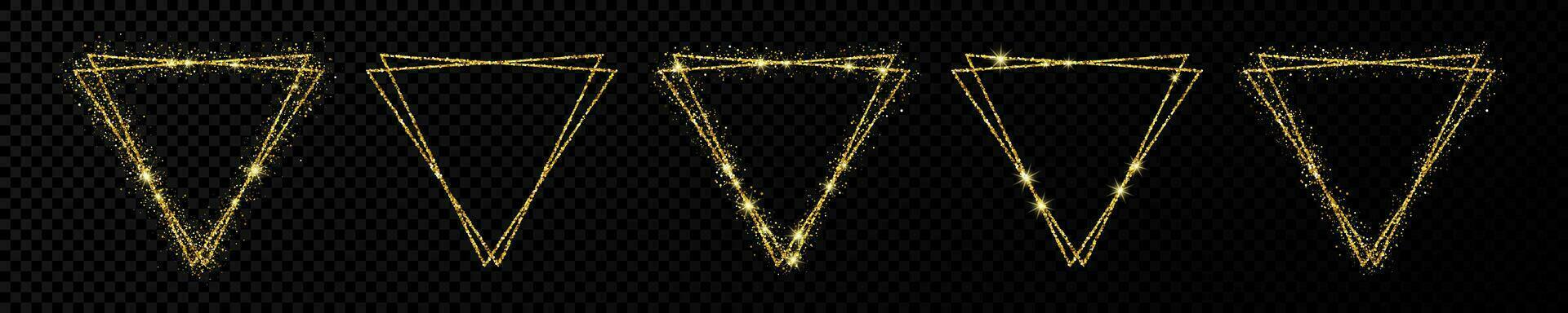 Set of five gold double triangle frames. Modern shiny frame with light effects isolated on dark background. Vector illustration.