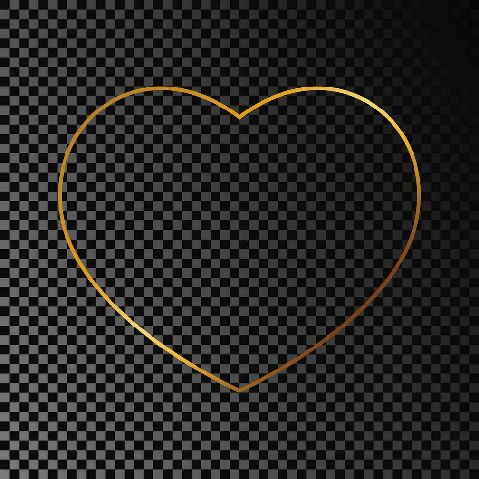Gold glowing heart shape frame isolated on dark background. Shiny frame with glowing effects. Vector illustration.