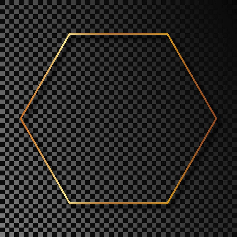 Gold glowing hexagon frame with shadow isolated on dark background. Shiny frame with glowing effects. Vector illustration.
