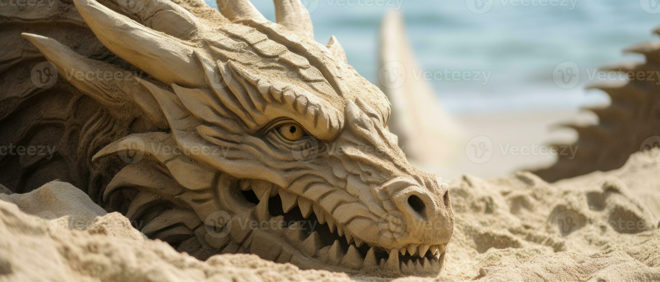 AI generated Intricate sand dragon sculpture on a beach. AI generative. photo