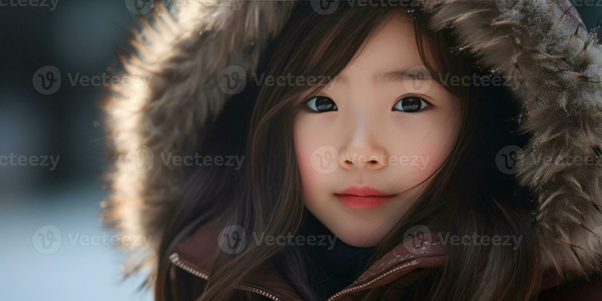 AI generated Young girl in fur coat with intense gaze. AI generative. photo