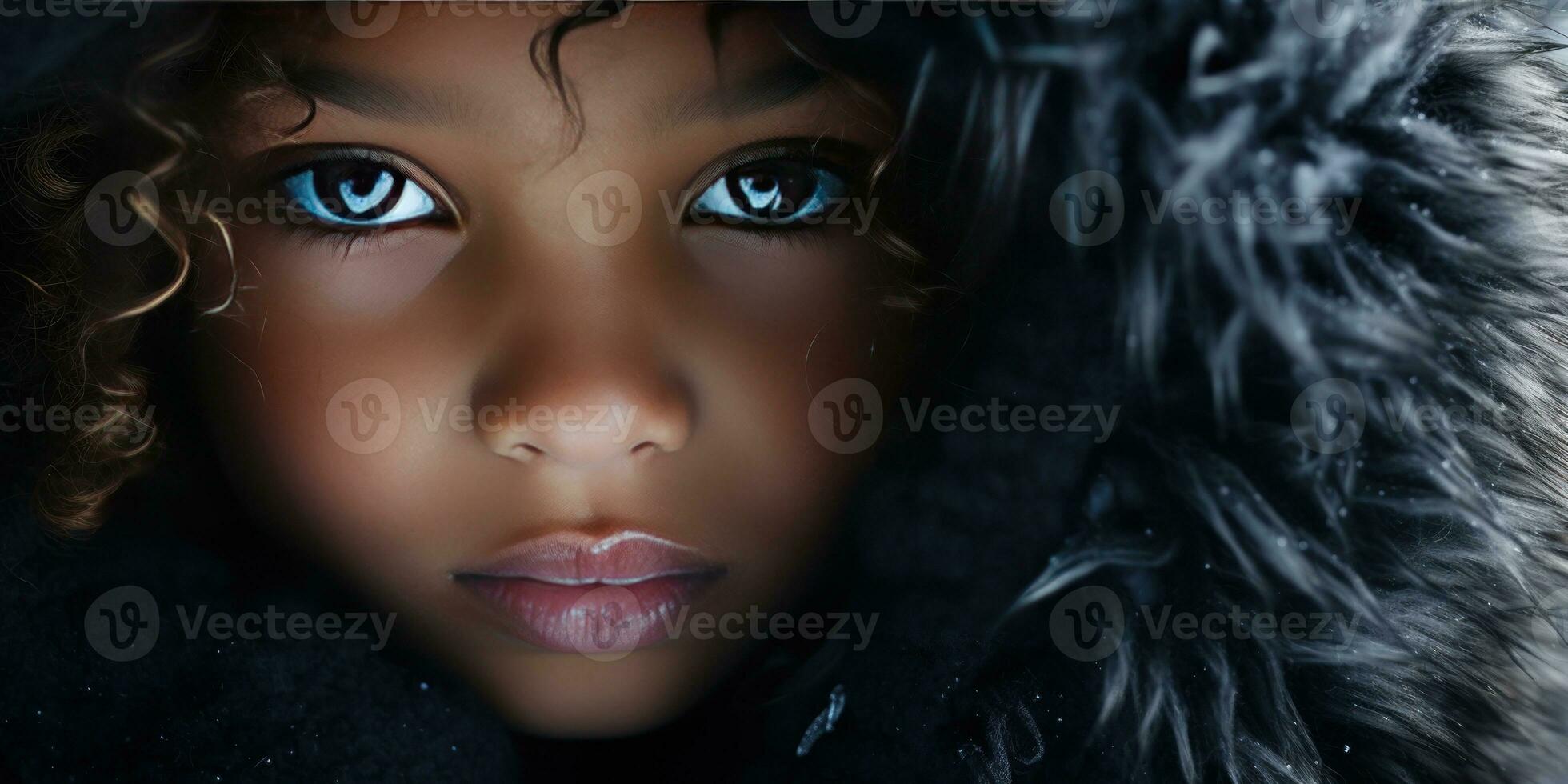 AI generated Close-up of a young black girl in a luxurious fur hooded coat. AI generative. photo